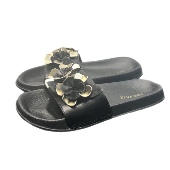 Nine West Putian Black & Gold Flower Youth Kids Slides Slip On Sandals Size 2 - Picture 1 of 4